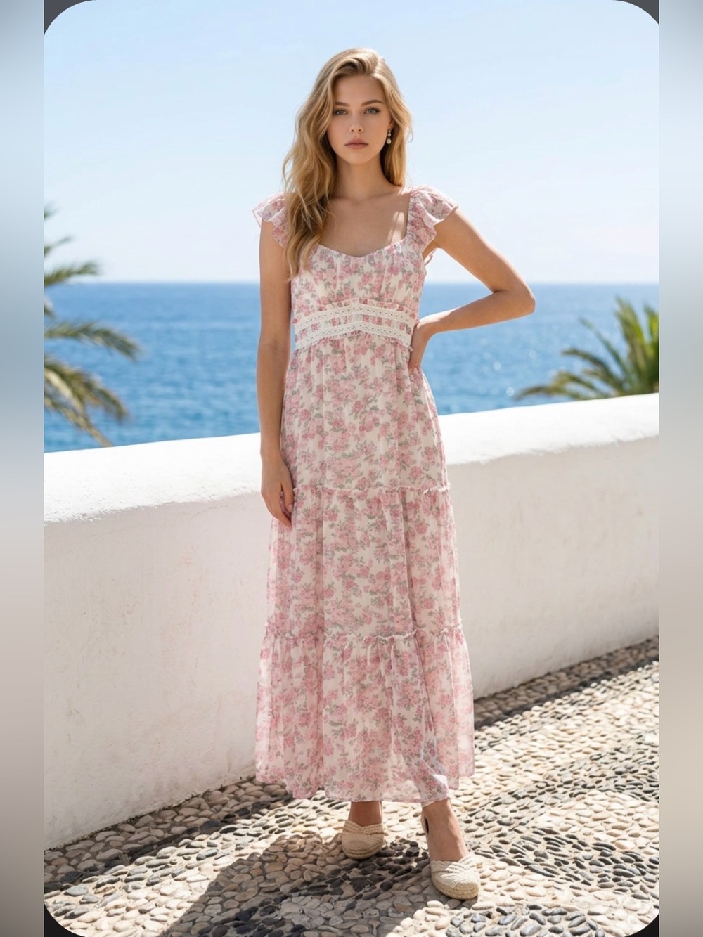Altar'd State Pink Floral Maxi Dress with Lace-Up Back
